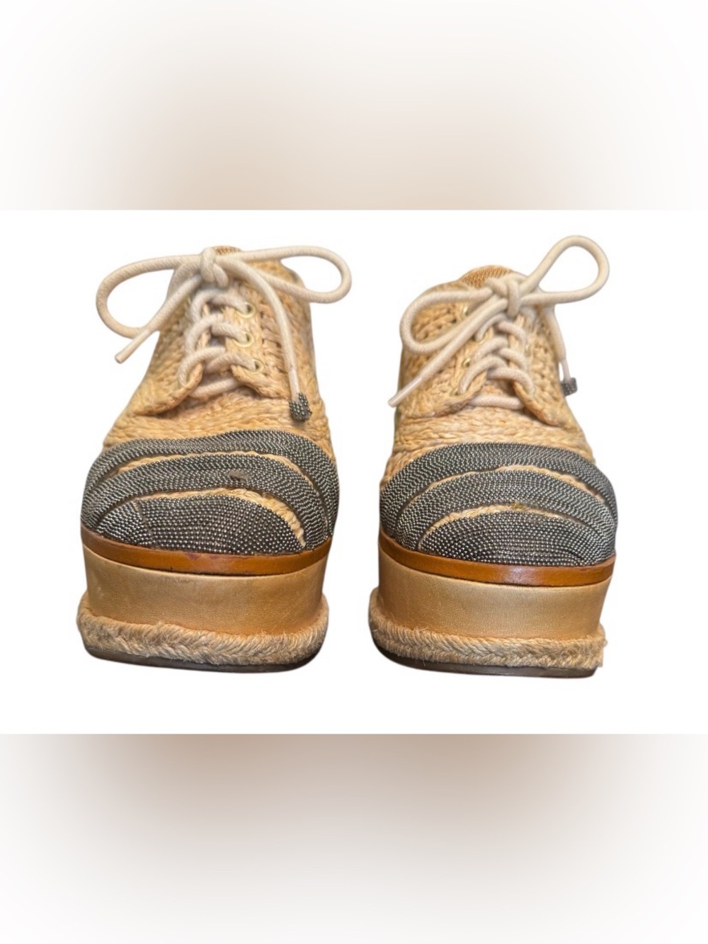 SCHUTZ size 6.5 RARE raffia metal platform lace up espadrilles Oxford shoes - Picture 4 of 11